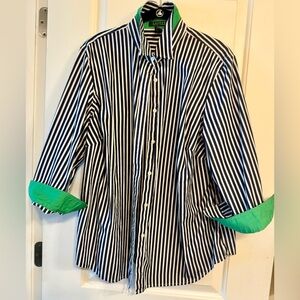 Lauren Ralph Lauren Navy/White Stripe Shirt
With Green Cuffs And Under Neck.